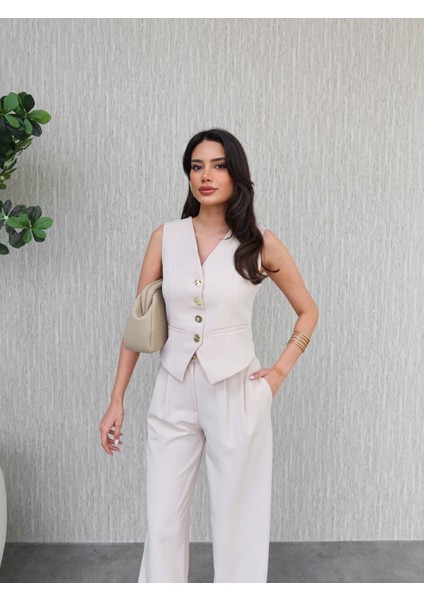 Gold Düğmeli Yelek Pantolon Takım