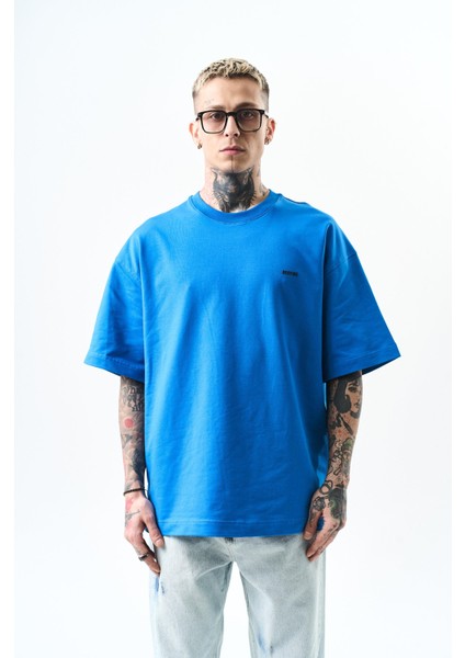 Erkek Respire Yazı Detaylı Oversize T-Shirt Bebe Mavi