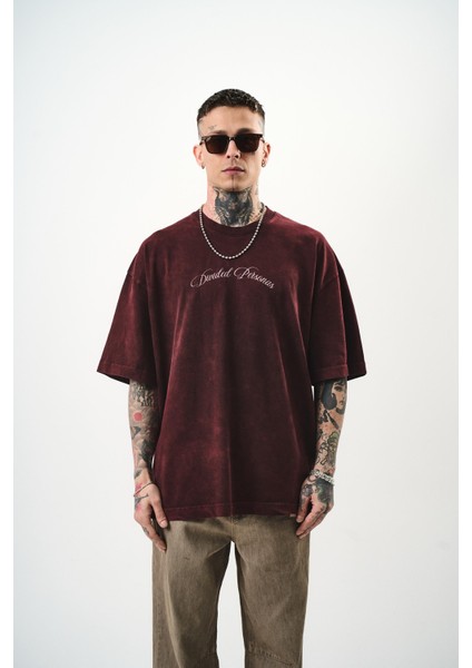 Erkek Divided Personas Baskılı Yıkamalı Oversize T-Shirt Bordo fiyatları