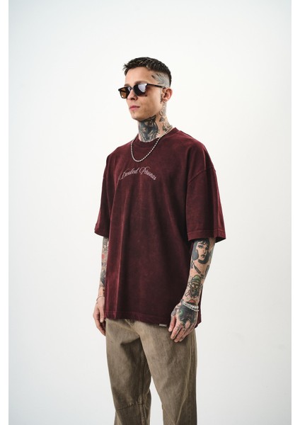 Erkek Divided Personas Baskılı Yıkamalı Oversize T-Shirt Bordo modelleri