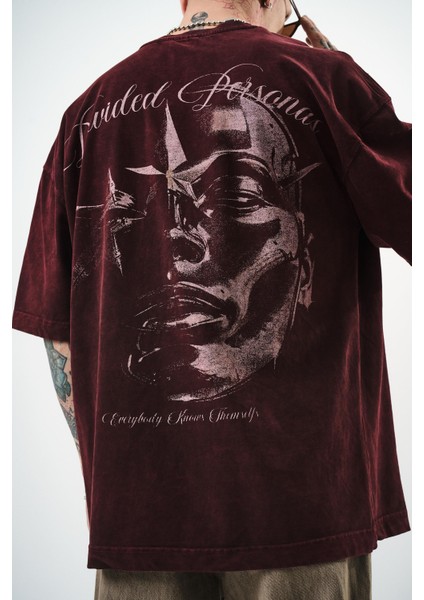 Erkek Divided Personas Baskılı Yıkamalı Oversize T-Shirt Bordo fırsatları