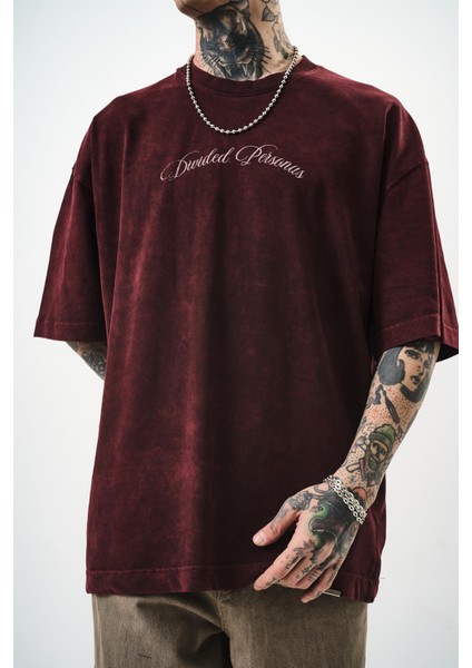 Erkek Divided Personas Baskılı Yıkamalı Oversize T-Shirt Bordo indirimleri