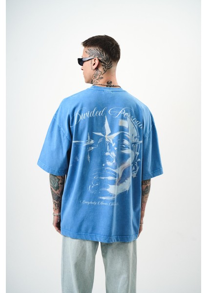 Erkek Divided Personas Baskılı Yıkamalı Oversize T-Shirt Bordo