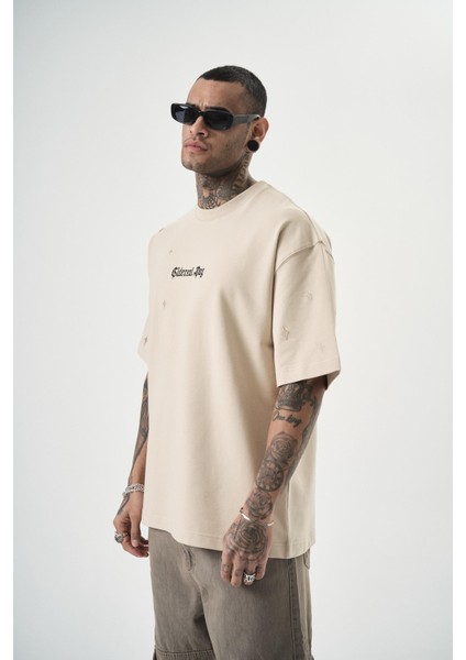 Erkek Sidereal Nakışlı Oversize T-Shirt Bej fiyatları