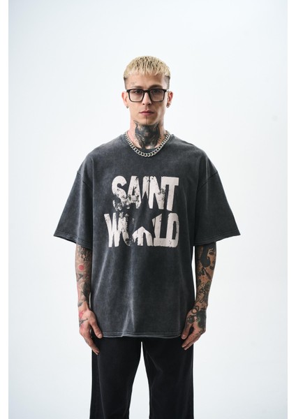 Erkek Star Baskılı Yıkamalı Oversize T-Shirt Bordo