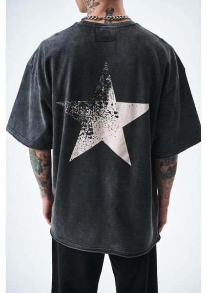 Erkek Star Baskılı Yıkamalı Oversize T-Shirt Bordo indirimleri