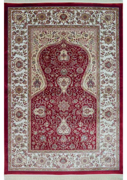 Bambu Iplikten Dokuma Parlak Tuşeli Krem ve Kırmızı Renk Mihraplı Seccade (83 x 125 cm )