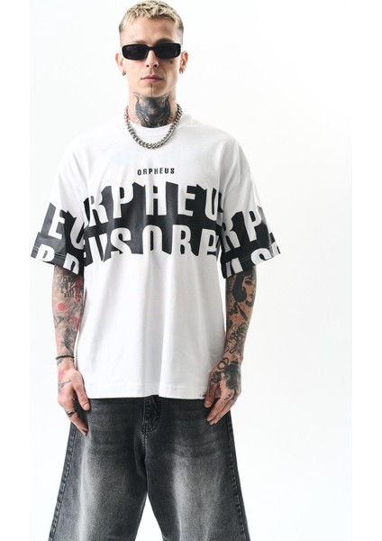 Erkek Orpheus Baskılı Oversize T-Shirt Beyaz