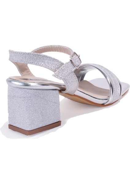 DZA07-12531223 Gümüş Simli Kalın Topuklu Abiye Kadın Ayakkabı fırsatları