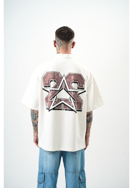 Erkek 22 Baskılı Yarım Fermuarlı Oversize T-Shirt Bej