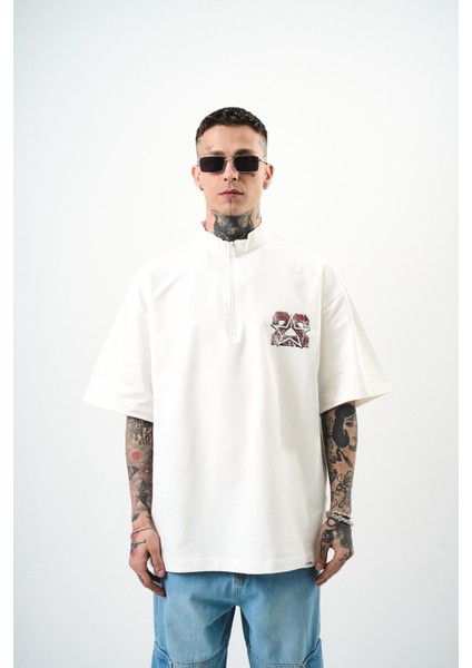Erkek 22 Baskılı Yarım Fermuarlı Oversize T-Shirt Bej fiyatları