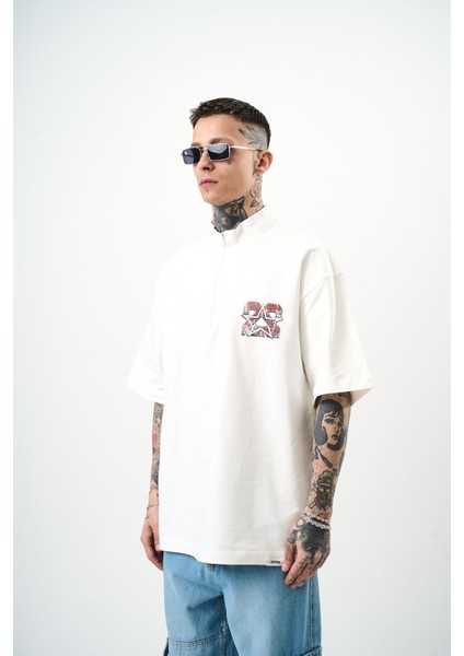 Erkek 22 Baskılı Yarım Fermuarlı Oversize T-Shirt Bej modelleri