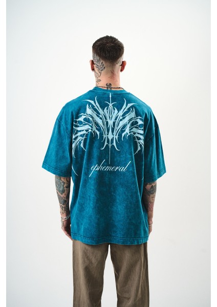 Erkek Ephemeral Baskılı Yıkamalı Oversize T-Shirt Mor