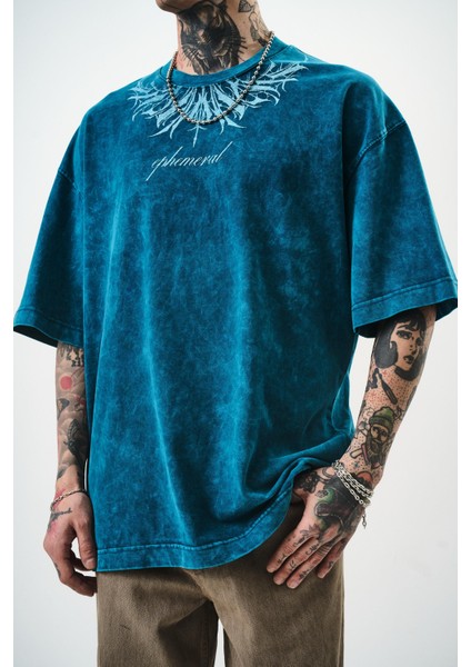 Erkek Ephemeral Baskılı Yıkamalı Oversize T-Shirt Mor indirimleri