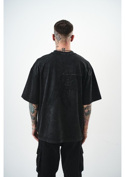 Erkek R Nakışlı Yıkamalı Oversize T-Shirt Bordo