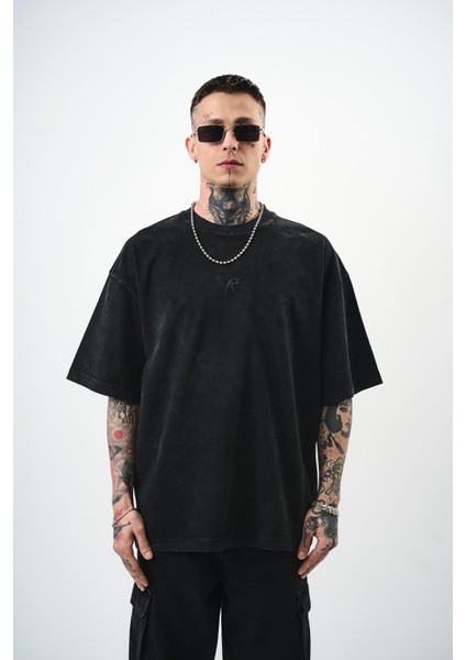 Erkek R Nakışlı Yıkamalı Oversize T-Shirt Bordo fiyatları