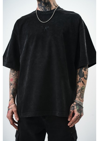 Erkek R Nakışlı Yıkamalı Oversize T-Shirt Bordo indirimleri