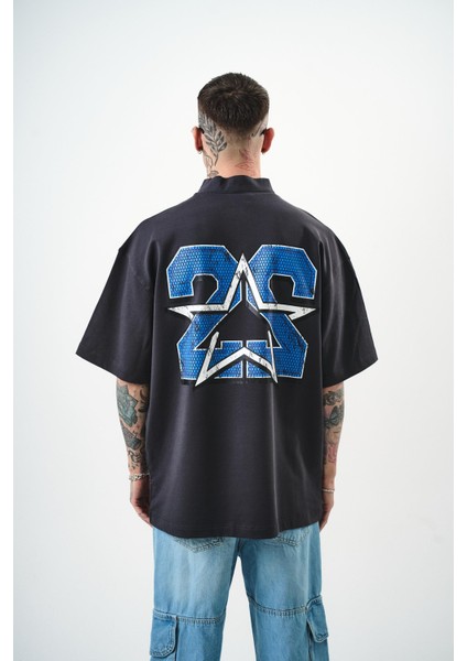 Erkek 22 Baskılı Yarım Fermuarlı Oversize T-Shirt Bej