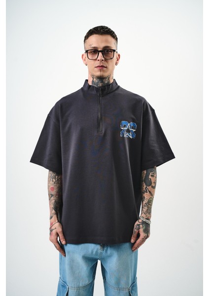 Erkek 22 Baskılı Yarım Fermuarlı Oversize T-Shirt Bej fiyatları