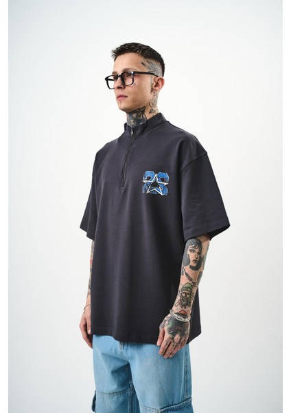 Erkek 22 Baskılı Yarım Fermuarlı Oversize T-Shirt Bej modelleri