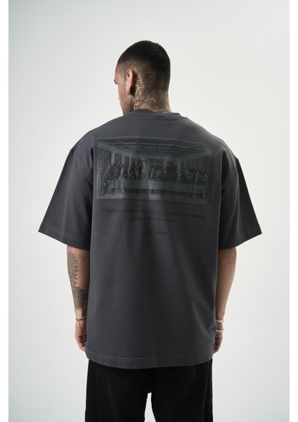 Erkek Da Vinci Baskılı Oversize T-Shirt Beyaz