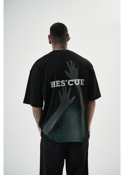 Erkek Res'cue Baskılı Oversize T-Shirt Siyah