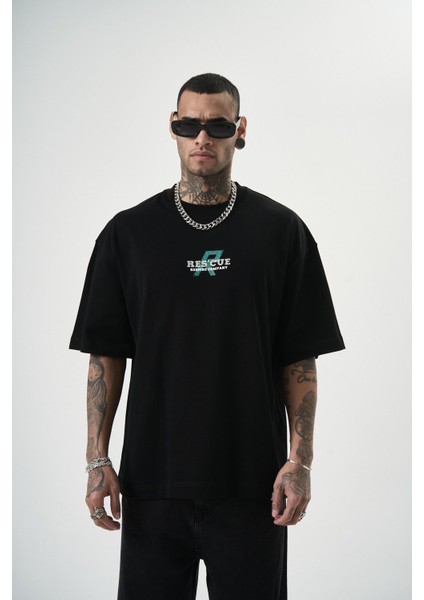 Erkek Res'cue Baskılı Oversize T-Shirt Siyah fiyatları