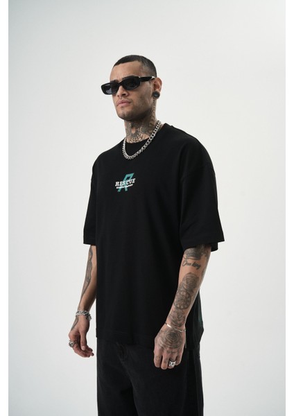 Erkek Res'cue Baskılı Oversize T-Shirt Siyah modelleri