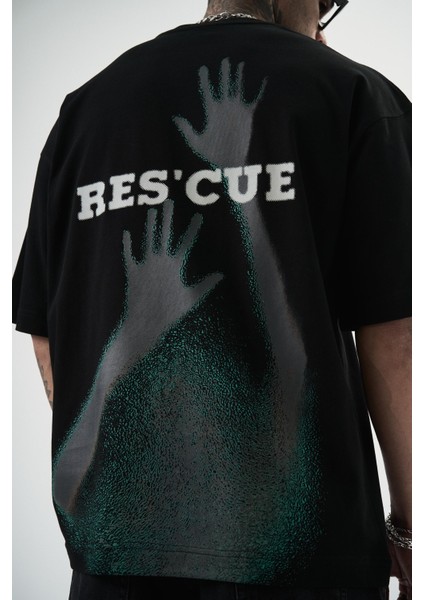 Erkek Res'cue Baskılı Oversize T-Shirt Siyah fırsatları