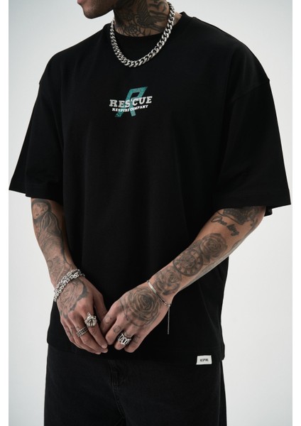 Erkek Res'cue Baskılı Oversize T-Shirt Siyah indirimleri