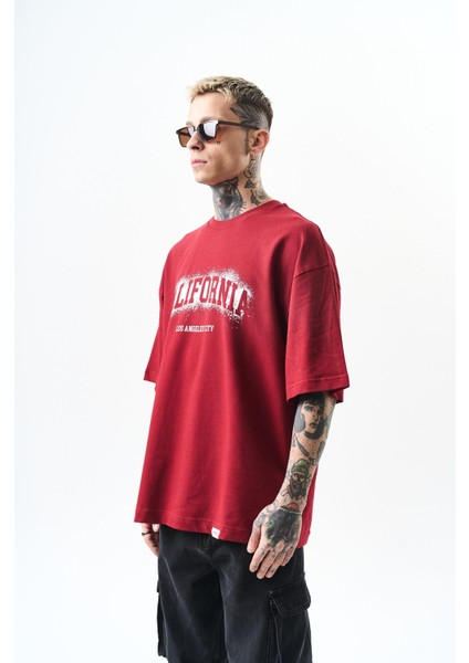 Erkek California Baskılı Oversize T-Shirt Bordo