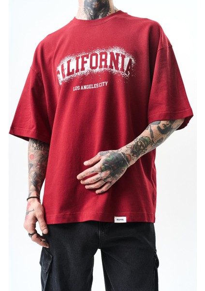 Erkek California Baskılı Oversize T-Shirt Bordo modelleri