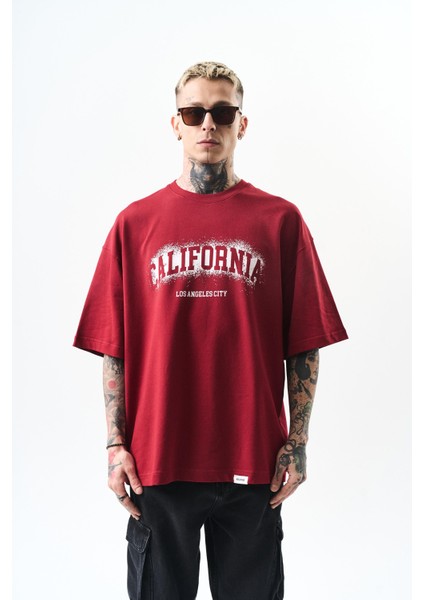 Erkek California Baskılı Oversize T-Shirt Bordo indirimleri