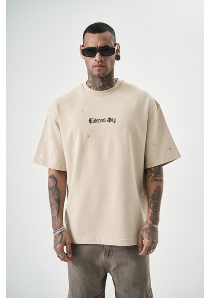 Erkek Sidereal Nakışlı Oversize T-Shirt Siyah