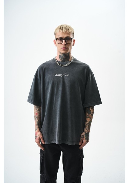 Erkek Eyes Baskılı Yıkamalı Oversize T-Shirt Siyah