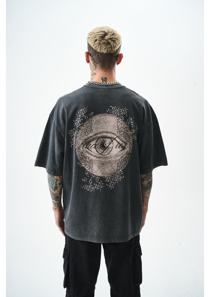 Erkek Eyes Baskılı Yıkamalı Oversize T-Shirt Siyah modelleri