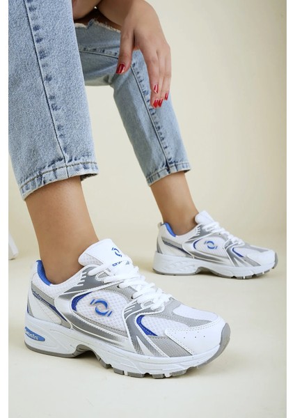 ULTRAONE Bağcıklı Ortopedik Unisex Kadın Spor Yürüyüş Ayakkabı - Beyaz Mavi