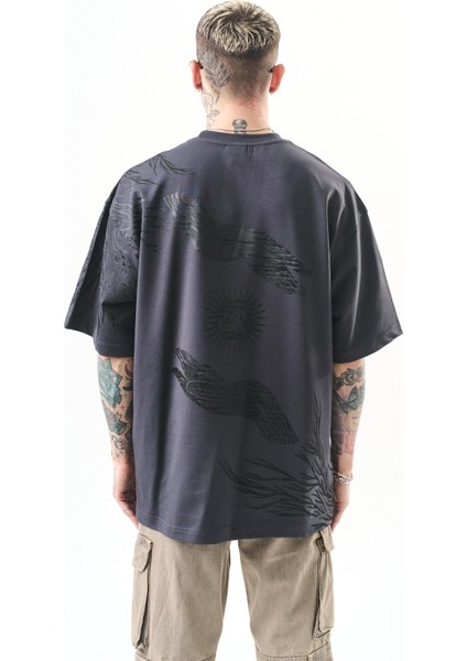 Erkek Hand Baskılı Oversize T-Shirt Siyah
