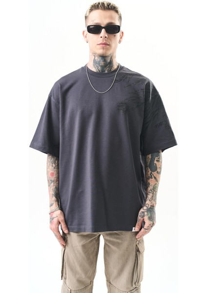 Erkek Hand Baskılı Oversize T-Shirt Siyah