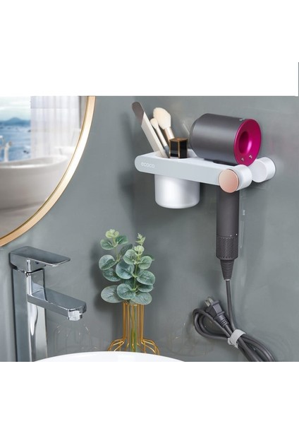Ecoco Duvara Yapışkanlı Saç Kurutma Makinesi Tutacağı ve Düzenleyici Gri Beyaz