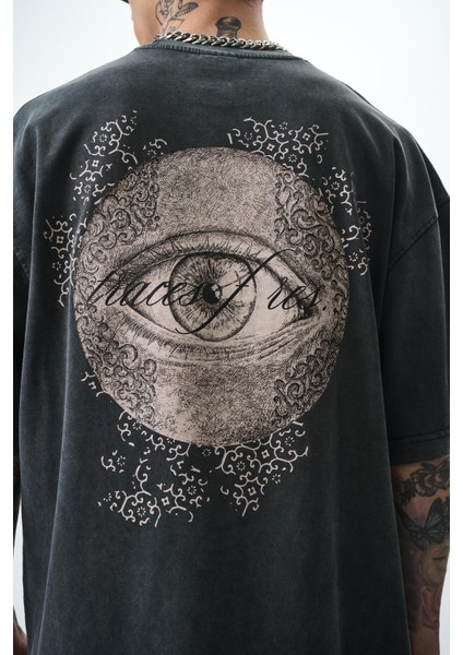 Erkek Eyes Baskılı Yıkamalı Oversize T-Shirt Siyah indirimleri