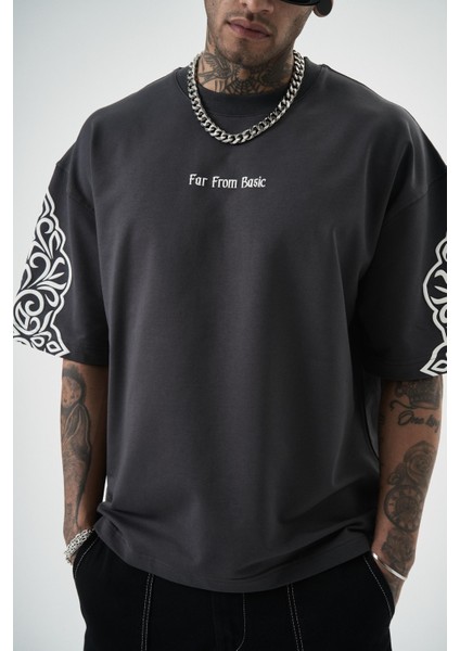 Erkek Far From Basic Baskılı Oversize T-Shirt Füme indirimleri