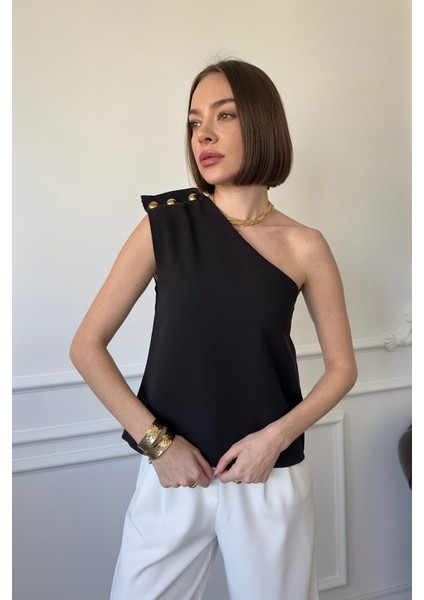 Tek Omuz Çıtçıtlı Bluz- Siyah