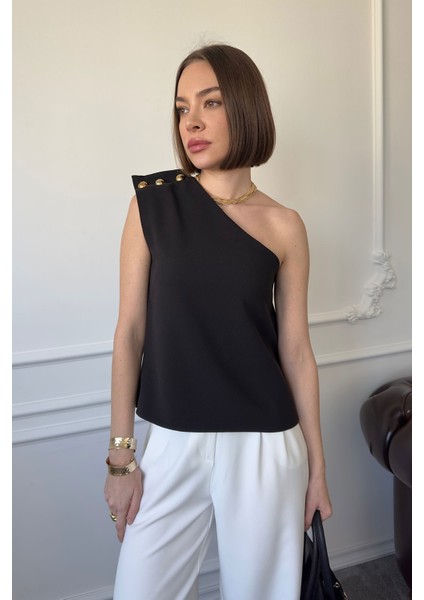 Tek Omuz Çıtçıtlı Bluz- Siyah modelleri
