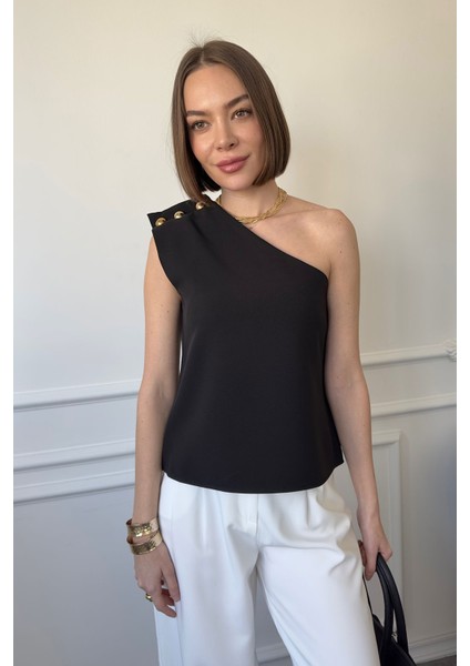 Tek Omuz Çıtçıtlı Bluz- Siyah fırsatları