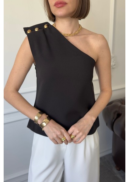 Tek Omuz Çıtçıtlı Bluz- Siyah indirimleri