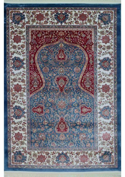 Bambu Iplikten Dokuma Parlak Tuşeli Bordo ve Mavi Renk Mihraplı Seccade (83 x 125 cm )