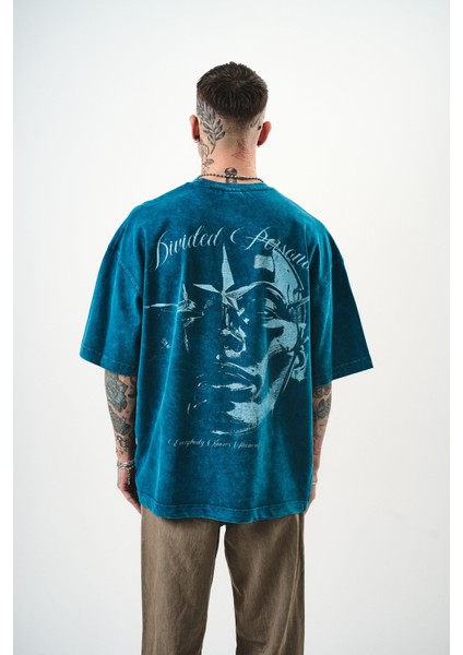 Erkek Divided Personas Baskılı Yıkamalı Oversize T-Shirt Bordo