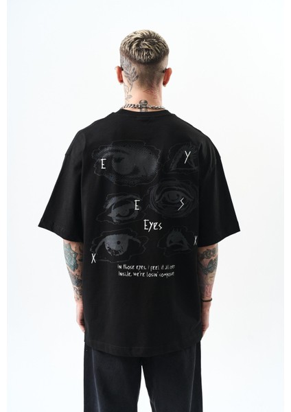 Erkek Eyes Baskılı Oversize T-Shirt Siyah