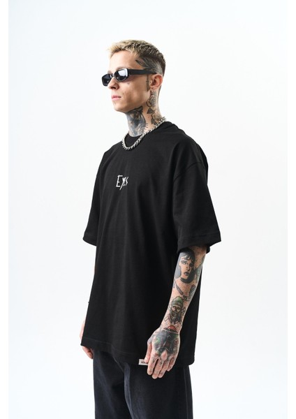 Erkek Eyes Baskılı Oversize T-Shirt Siyah modelleri